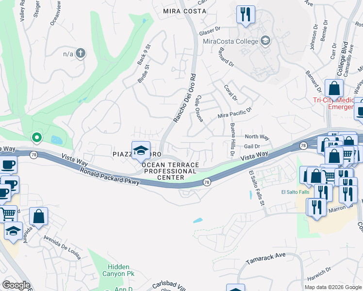 map of restaurants, bars, coffee shops, grocery stores, and more near 3504 Paseo De Los Americanos in Oceanside