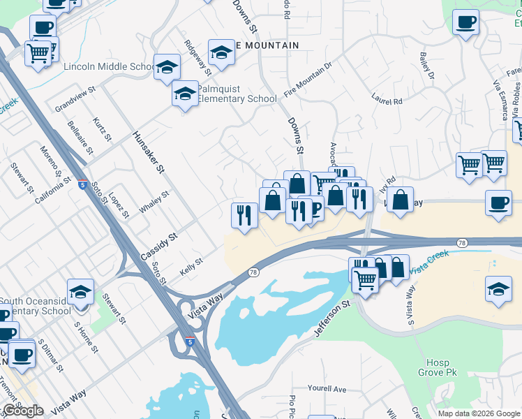 map of restaurants, bars, coffee shops, grocery stores, and more near 1857 Magnolia Court in Oceanside