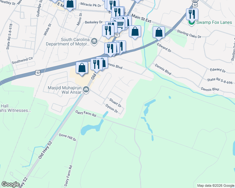 map of restaurants, bars, coffee shops, grocery stores, and more near 1107 Meade Street in Moncks Corner