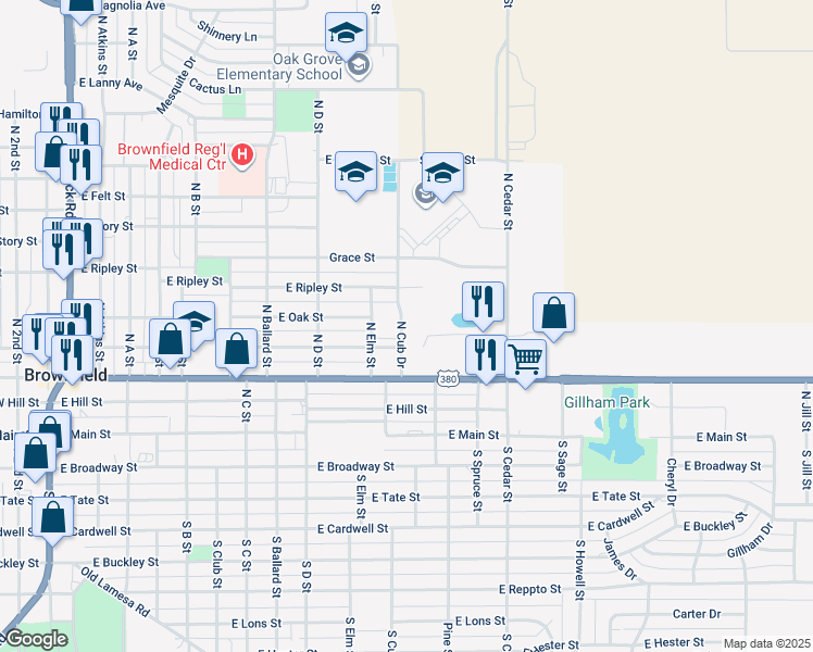 map of restaurants, bars, coffee shops, grocery stores, and more near 410 North Cub Drive in Brownfield