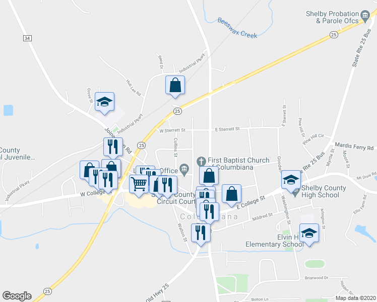 map of restaurants, bars, coffee shops, grocery stores, and more near 101 Hughes Street in Columbiana
