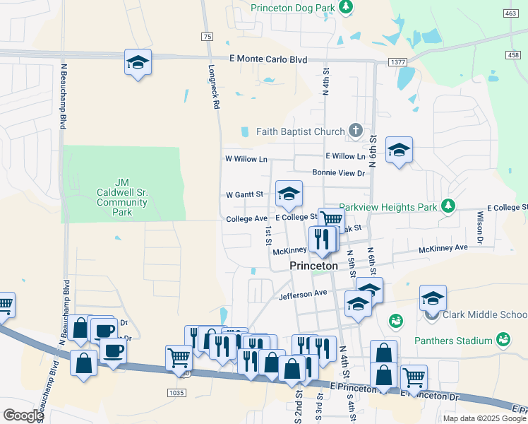 map of restaurants, bars, coffee shops, grocery stores, and more near 100 East College Avenue in Princeton