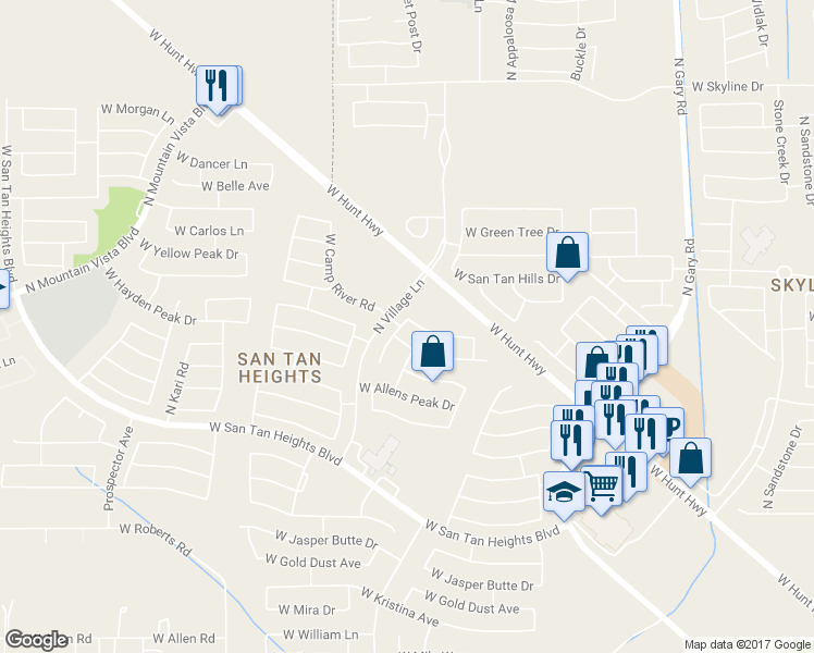 map of restaurants, bars, coffee shops, grocery stores, and more near 2459 West Camp River Road in Queen Creek