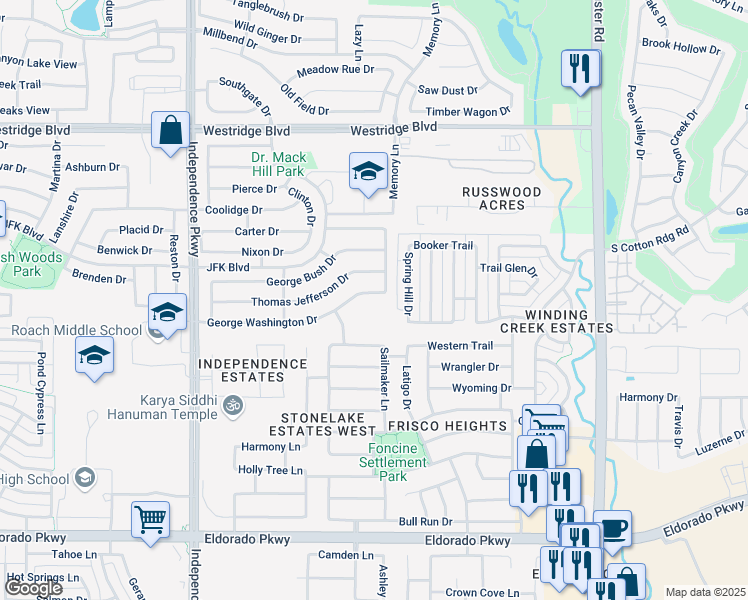 map of restaurants, bars, coffee shops, grocery stores, and more near 9513 George Washington Dr in McKinney