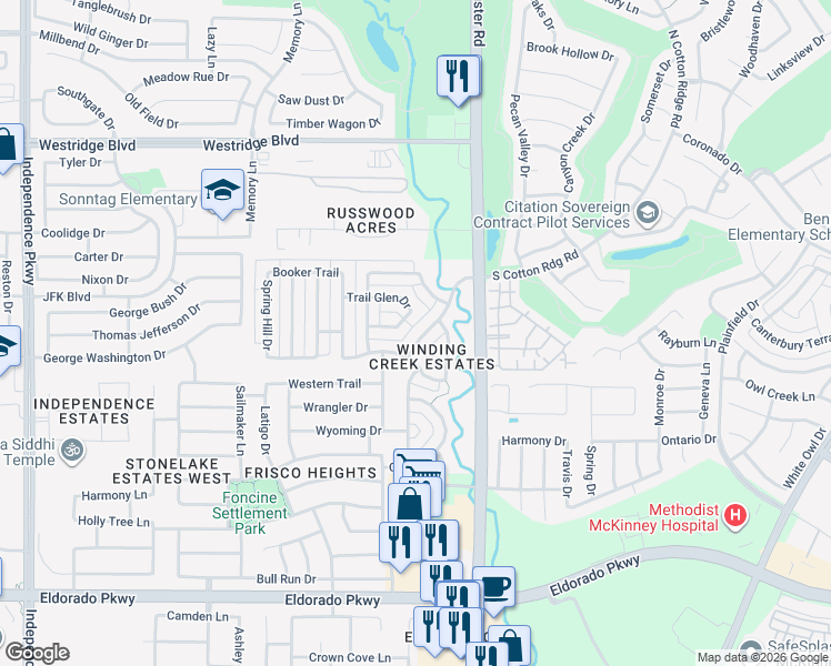 map of restaurants, bars, coffee shops, grocery stores, and more near 12771 Winding Creek Drive in Frisco