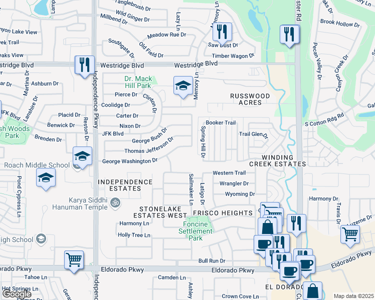 map of restaurants, bars, coffee shops, grocery stores, and more near 9513 George Washington Drive in McKinney