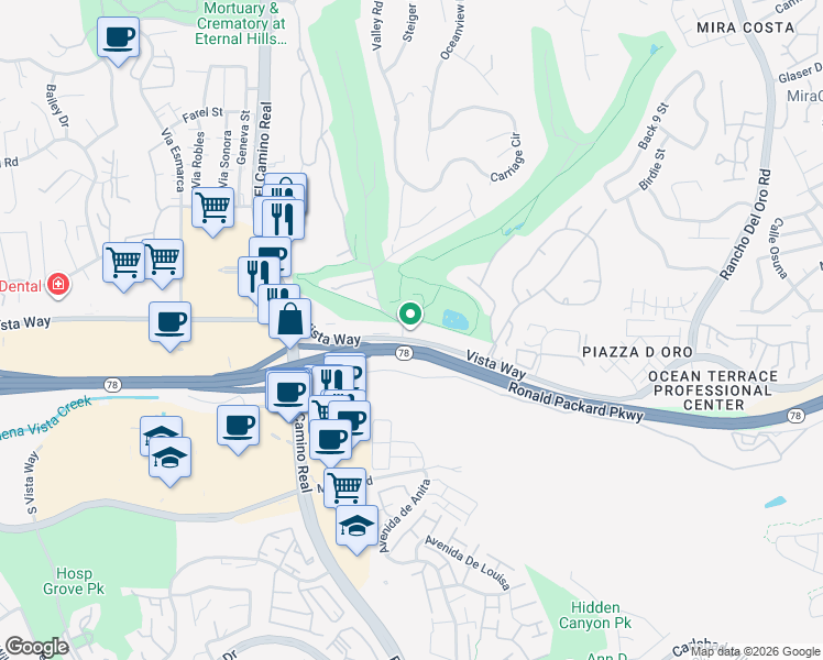 map of restaurants, bars, coffee shops, grocery stores, and more near 3178 Vista Way in Oceanside