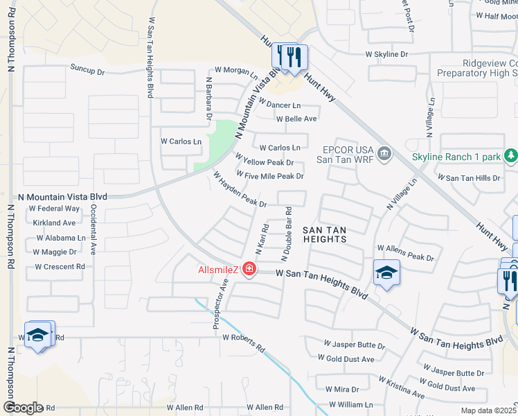 map of restaurants, bars, coffee shops, grocery stores, and more near 3301 West Hayden Peak Drive in Queen Creek