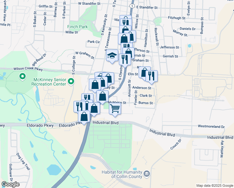 map of restaurants, bars, coffee shops, grocery stores, and more near 1503 South McDonald Street in McKinney