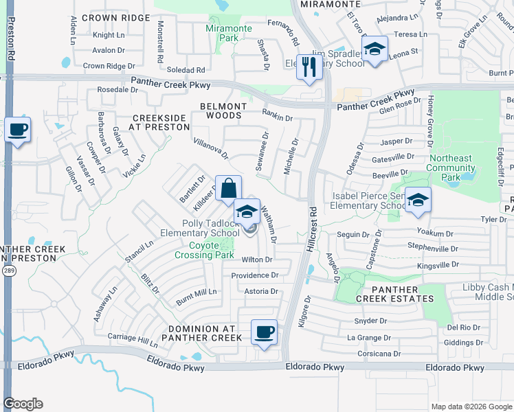map of restaurants, bars, coffee shops, grocery stores, and more near 12747 Waltham Drive in Frisco