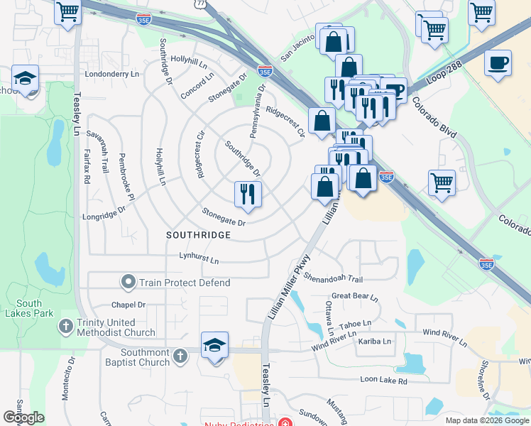 map of restaurants, bars, coffee shops, grocery stores, and more near 2245 Stonegate Dr in Denton