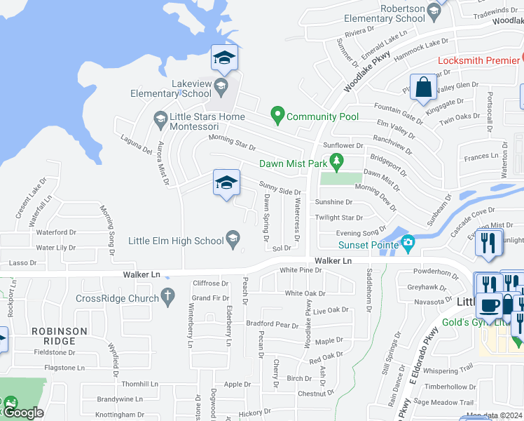 map of restaurants, bars, coffee shops, grocery stores, and more near 2813 Dawn Spring Drive in Little Elm