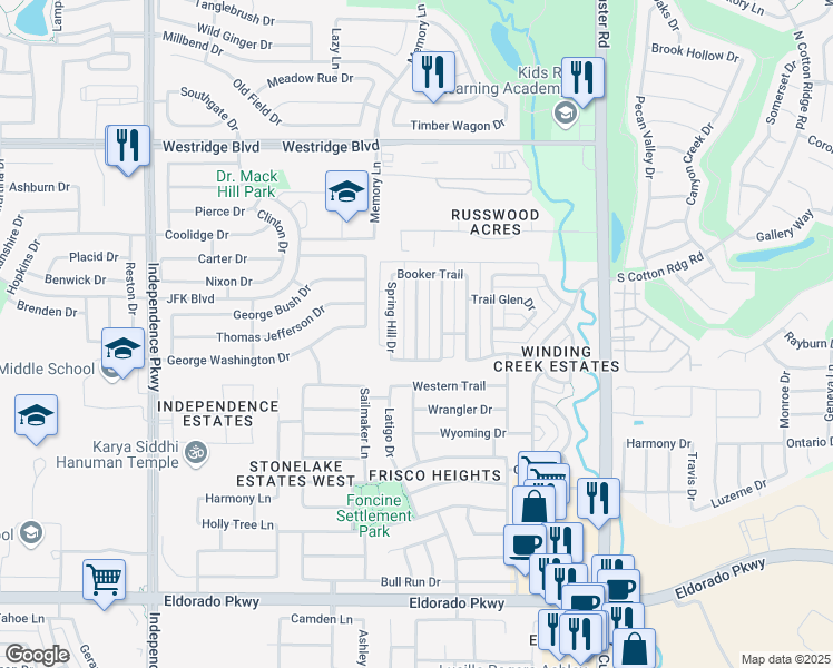 map of restaurants, bars, coffee shops, grocery stores, and more near 12819 Ridge Spring Drive in Frisco