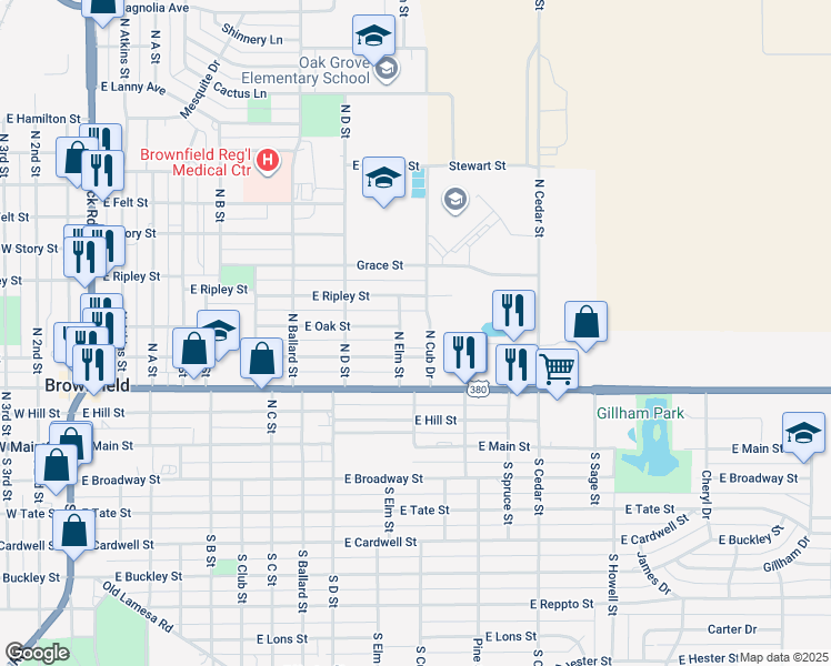 map of restaurants, bars, coffee shops, grocery stores, and more near 410 North Cub Drive in Brownfield