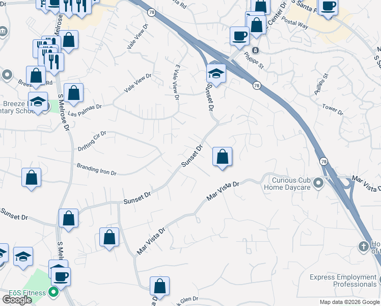 map of restaurants, bars, coffee shops, grocery stores, and more near 960 Sierra Court in Vista