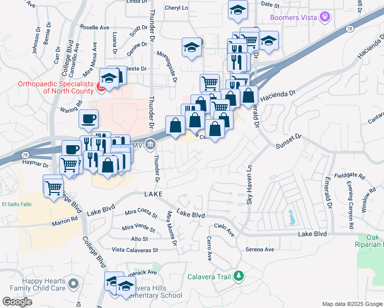 map of restaurants, bars, coffee shops, grocery stores, and more near 3425 Del Este Way in Oceanside