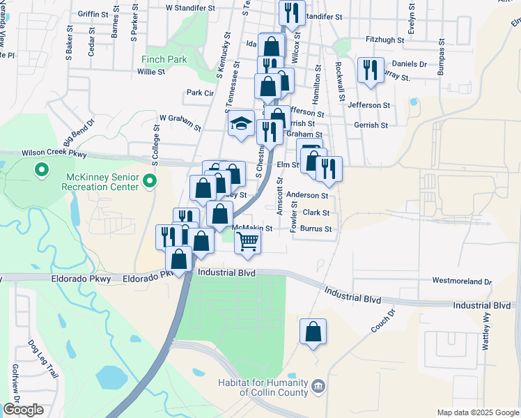map of restaurants, bars, coffee shops, grocery stores, and more near 1503 South McDonald Street in McKinney