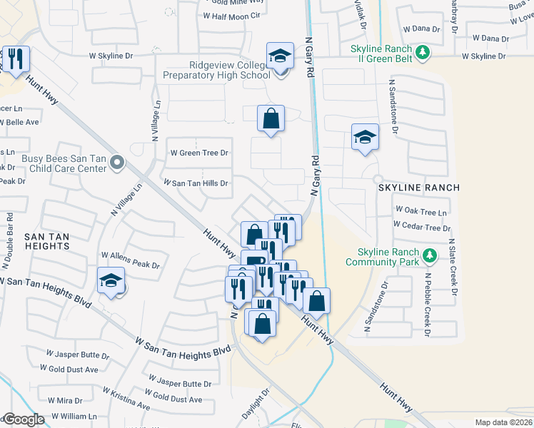 map of restaurants, bars, coffee shops, grocery stores, and more near 1795 West Desert Canyon Drive in Queen Creek