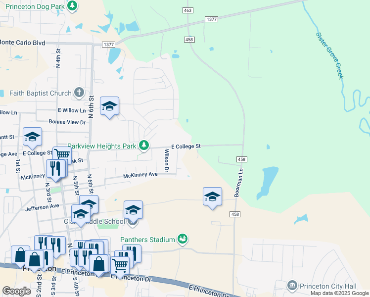 map of restaurants, bars, coffee shops, grocery stores, and more near 1311 East College Avenue in Princeton
