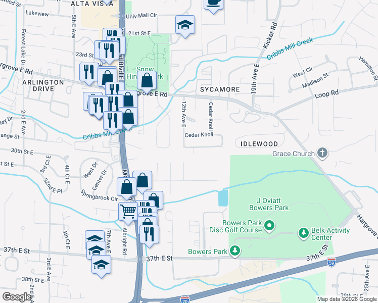 map of restaurants, bars, coffee shops, grocery stores, and more near 36 Cedar Knoll in Tuscaloosa