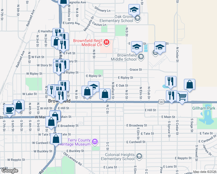 map of restaurants, bars, coffee shops, grocery stores, and more near 708 East Oak Street in Brownfield