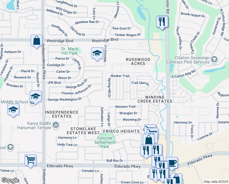 map of restaurants, bars, coffee shops, grocery stores, and more near 12819 Ridge Spring Drive in Frisco