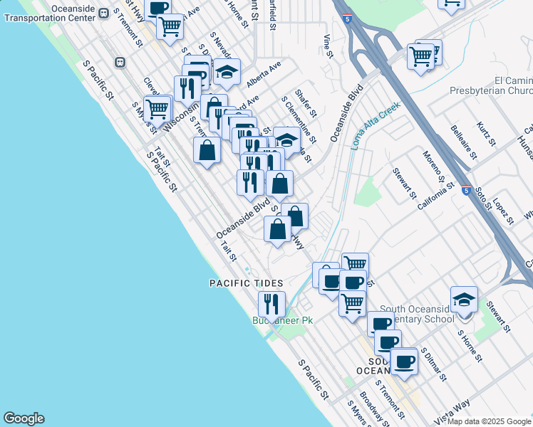 map of restaurants, bars, coffee shops, grocery stores, and more near 1231 South Coast Highway in Oceanside