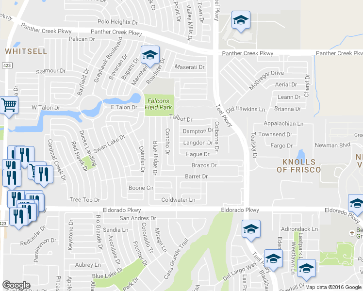 map of restaurants, bars, coffee shops, grocery stores, and more near 2065 Langdon Drive in Frisco