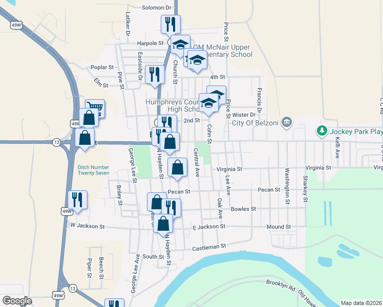 map of restaurants, bars, coffee shops, grocery stores, and more near 517 Central Avenue in Belzoni
