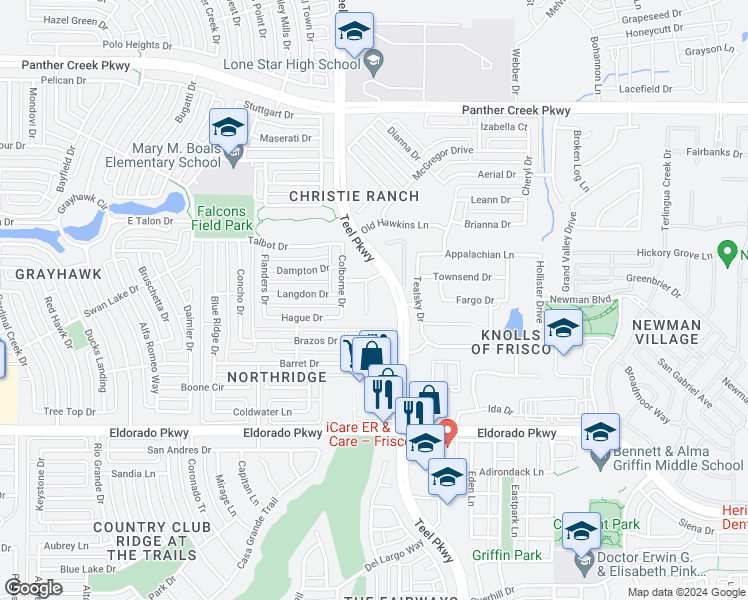 map of restaurants, bars, coffee shops, grocery stores, and more near 12648 Seaton Circle in Frisco
