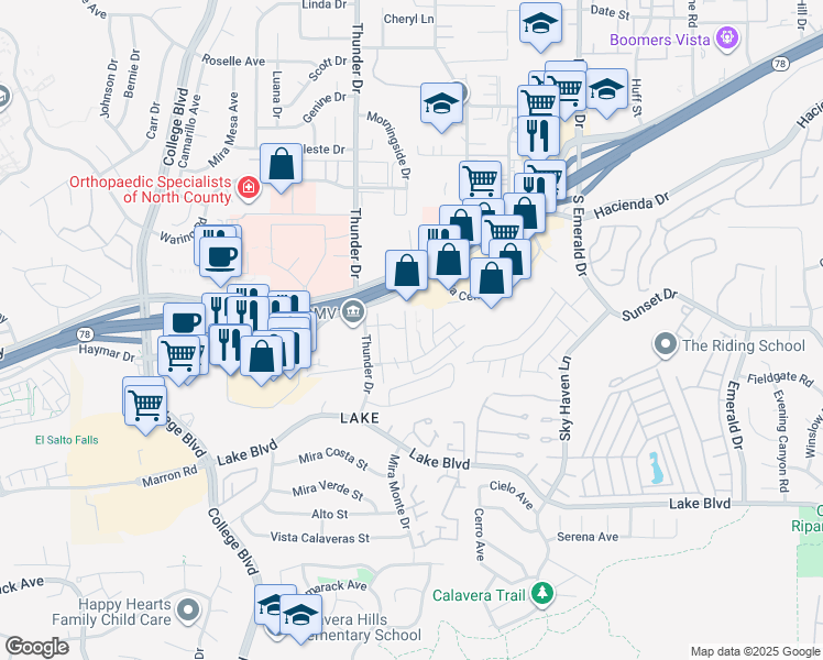map of restaurants, bars, coffee shops, grocery stores, and more near 3433 Los Mochis Way in Oceanside