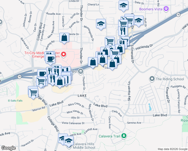 map of restaurants, bars, coffee shops, grocery stores, and more near 3434 Seabreeze Walk in Oceanside