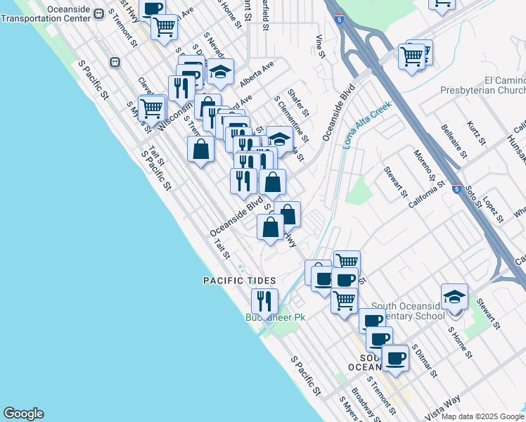 map of restaurants, bars, coffee shops, grocery stores, and more near 1231 South Coast Highway in Oceanside