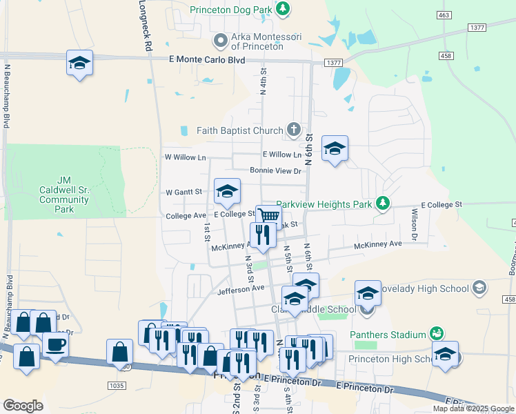 map of restaurants, bars, coffee shops, grocery stores, and more near 906 North 4th Street in Princeton