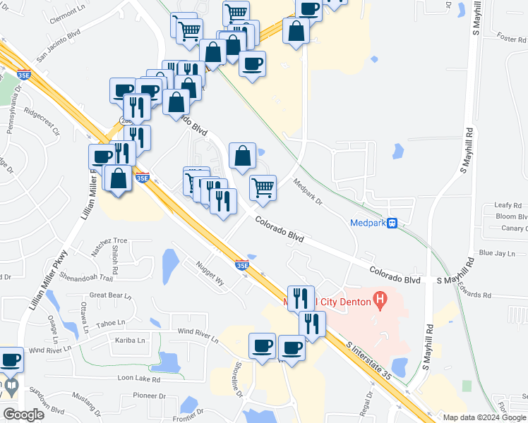 map of restaurants, bars, coffee shops, grocery stores, and more near 3105 Colorado Boulevard in Denton