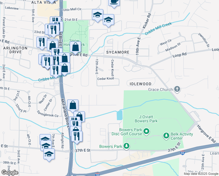 map of restaurants, bars, coffee shops, grocery stores, and more near 30 Cedar Knoll in Tuscaloosa