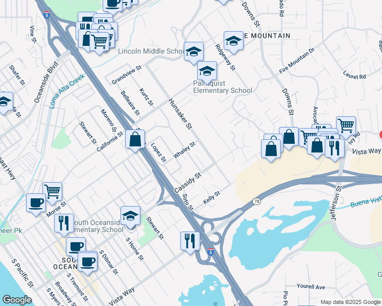 map of restaurants, bars, coffee shops, grocery stores, and more near 1710 Kurtz Street in Oceanside