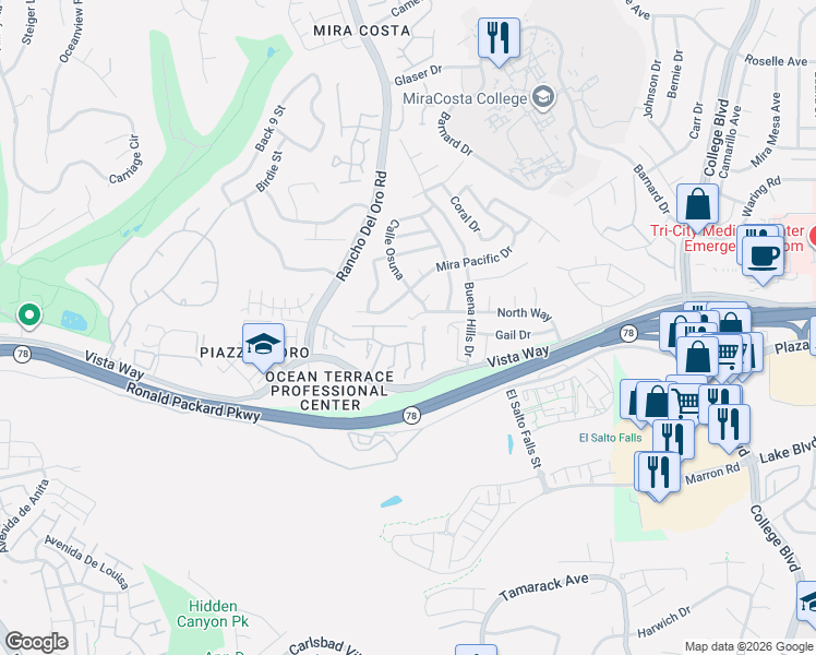 map of restaurants, bars, coffee shops, grocery stores, and more near 3601 North Way in Oceanside