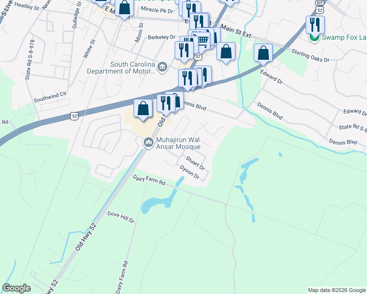 map of restaurants, bars, coffee shops, grocery stores, and more near 1207 Saint Johns Avenue in Moncks Corner
