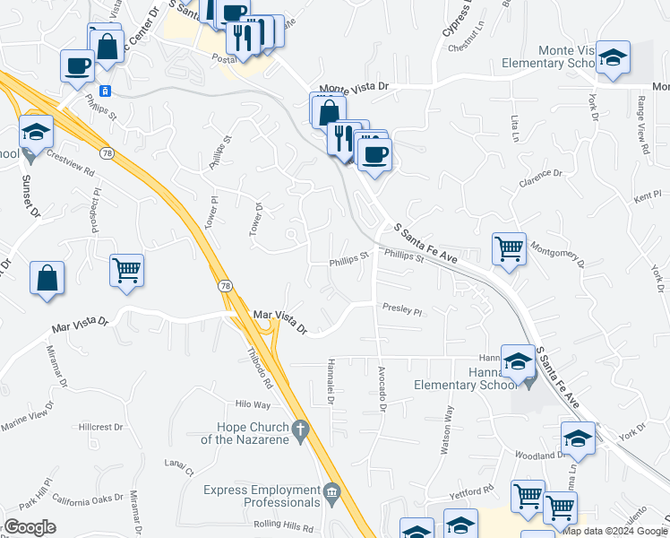 map of restaurants, bars, coffee shops, grocery stores, and more near 1427 Phillips Street in Vista