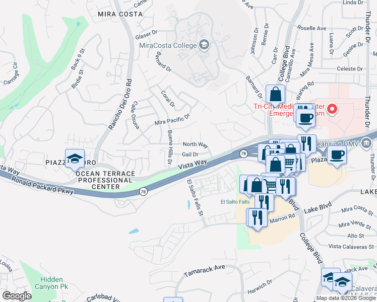 map of restaurants, bars, coffee shops, grocery stores, and more near 3770 Gail Drive in Oceanside