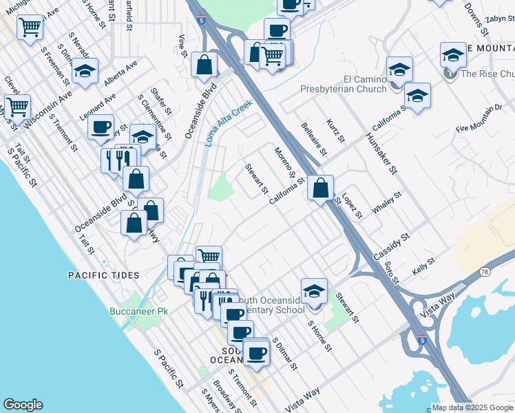 map of restaurants, bars, coffee shops, grocery stores, and more near 1111 Camelia Street in Oceanside