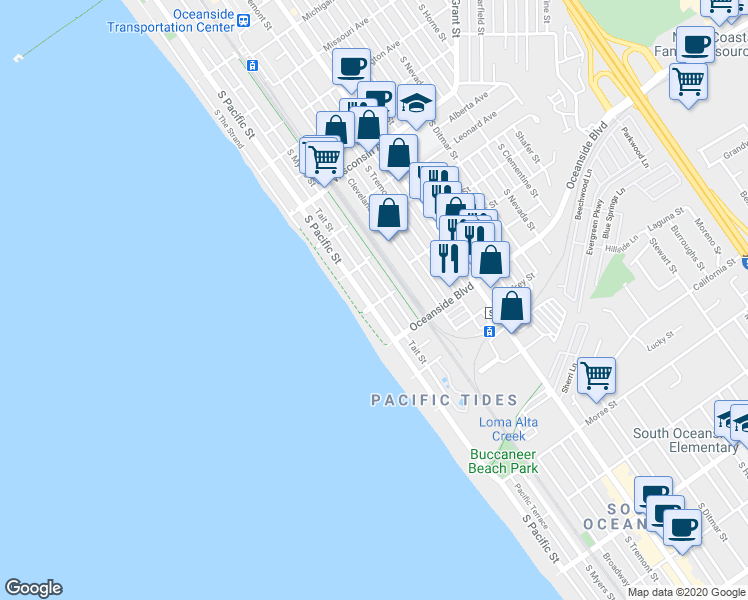 map of restaurants, bars, coffee shops, grocery stores, and more near 1036 South Pacific Street in Oceanside