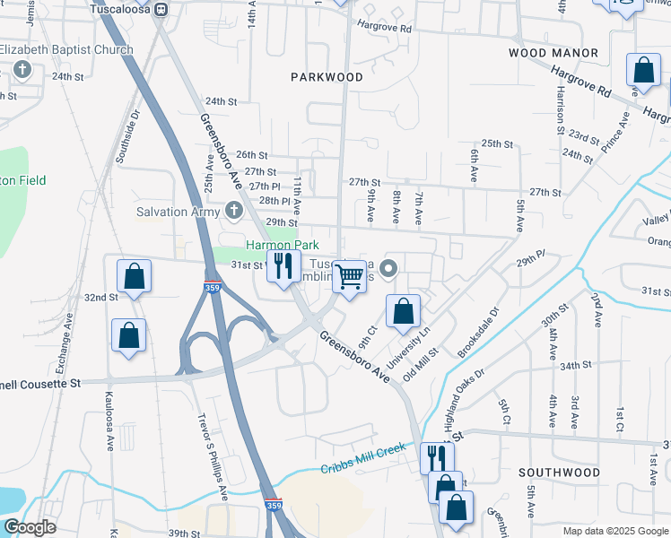 map of restaurants, bars, coffee shops, grocery stores, and more near 1004 31st St in Tuscaloosa