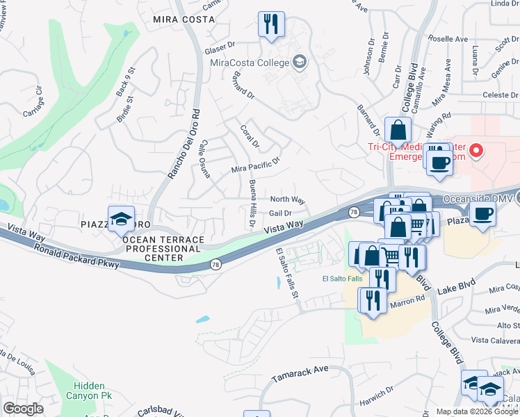 map of restaurants, bars, coffee shops, grocery stores, and more near 3726 Gail Drive in Oceanside