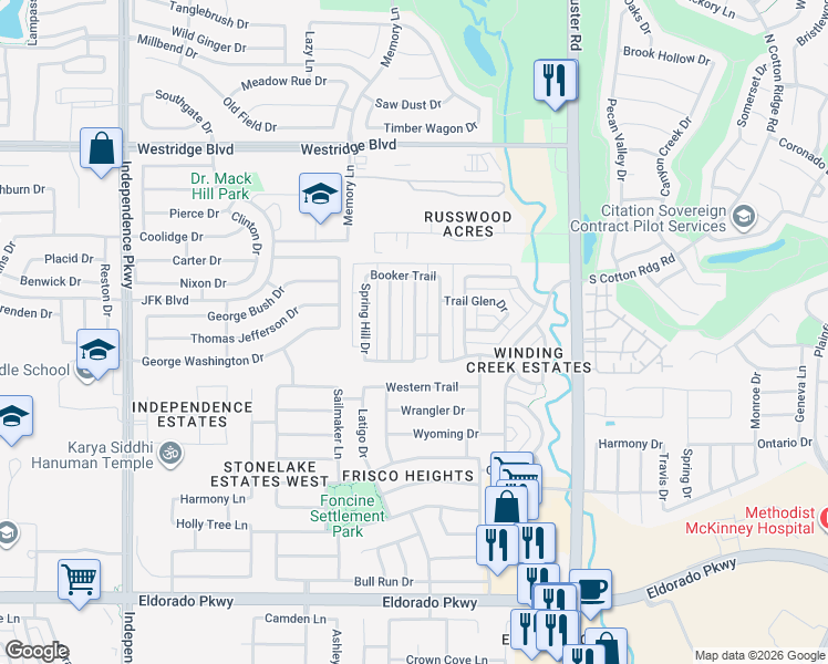 map of restaurants, bars, coffee shops, grocery stores, and more near 12831 Early Wood Drive in Frisco