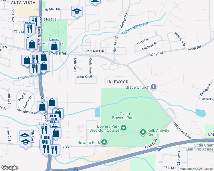 map of restaurants, bars, coffee shops, grocery stores, and more near 2082 Idlewood Drive in Tuscaloosa