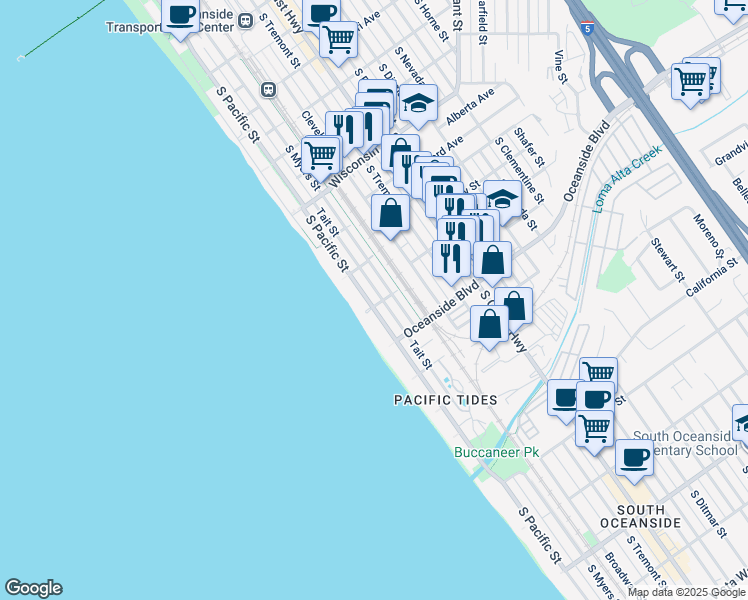 map of restaurants, bars, coffee shops, grocery stores, and more near 1036 South Pacific Street in Oceanside