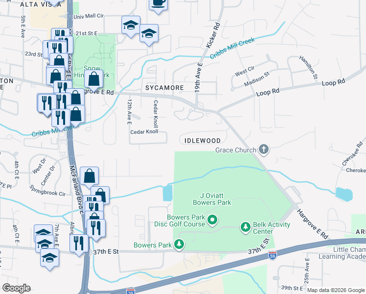 map of restaurants, bars, coffee shops, grocery stores, and more near 2082 Idlewood Drive in Tuscaloosa