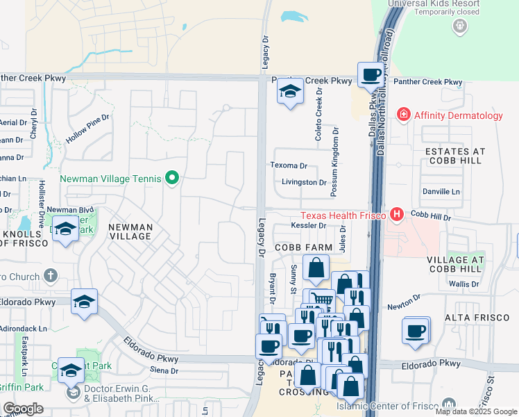 map of restaurants, bars, coffee shops, grocery stores, and more near Legacy Drive in Frisco